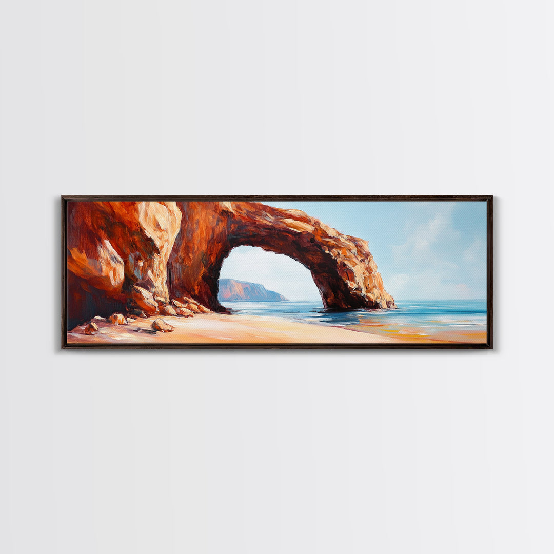 Natural Rock Arch Painting Coastal Cliff Seascape Wall Art Earthy Ocean Landscape Artwork Canvas Print Beach House Decor