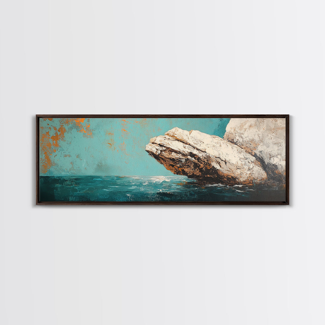 Coastal Rock Formation Framed Canvas Print, Ocean Cliff Painting, Nautical Wall Art, Beach House Decor, Textured Landscape Artwork