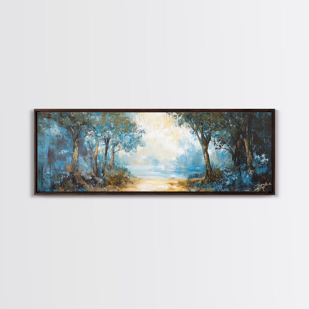 Blue Forest Path Framed Canvas Print Landscape Painting, Nature Inspired Wall Art, Rustic Home Decor, Modern Artwork