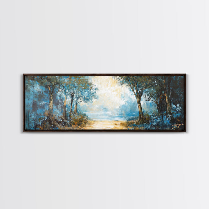 Blue Forest Path Framed Canvas Print Landscape Painting, Nature Inspired Wall Art, Rustic Home Decor, Modern Artwork