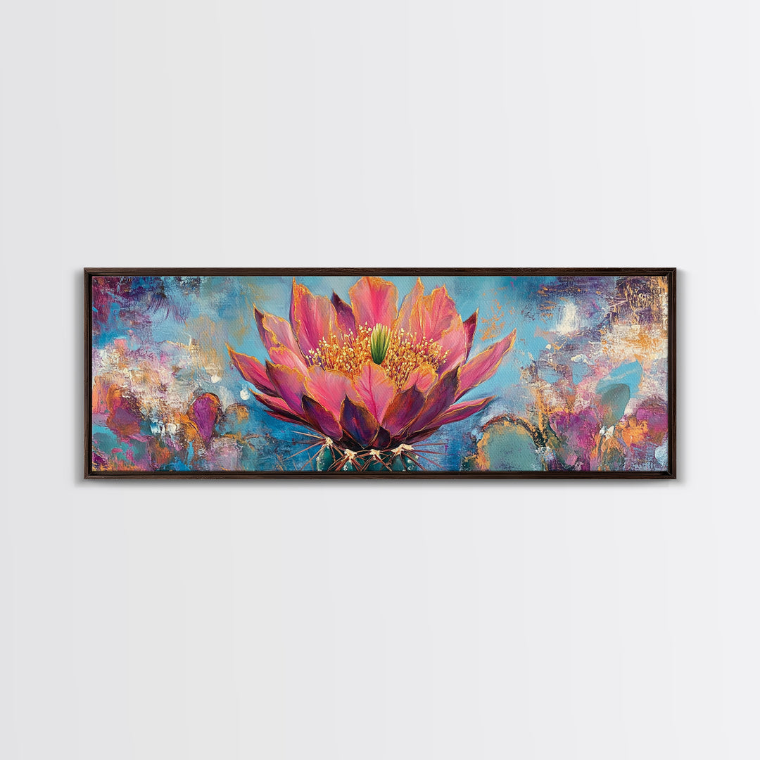 Blooming Cactus Art Framed Canvas Print Boho Floral Wall Art Desert Home Decor Vibrant Succulent Painting Southwestern Gift