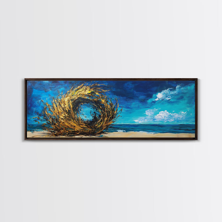 Ocean Swirl, Golden Waves, Abstract Beach Art, Framed Canvas Print, Modern Coastal Decor, Statement Wall Art, Ocean Vortex, Vibrant Blue