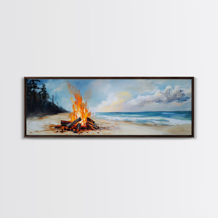Beach Bonfire Glow Framed Canvas Print Coastal Sunset Wall Art Ocean Retreat Decor Vibrant Campfire Painting Summer Gift