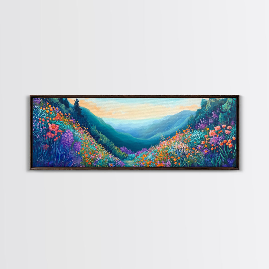 Mountain Wildflowers, Vibrant Landscape Art, Nature Painting, Cabin Wall Decor, Springtime Art, Living Room Print, Canvas Print