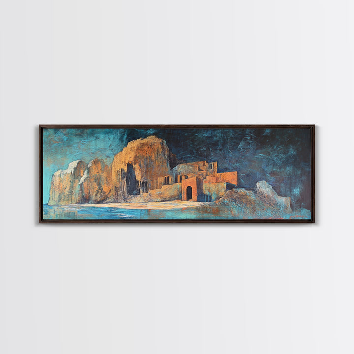Ancient Ruins Canvas Print Rustic Landscape Wall Art, Mediterranean Decor, Boho Earthy Art, Dark Blue and Orange, Living Room Artwork