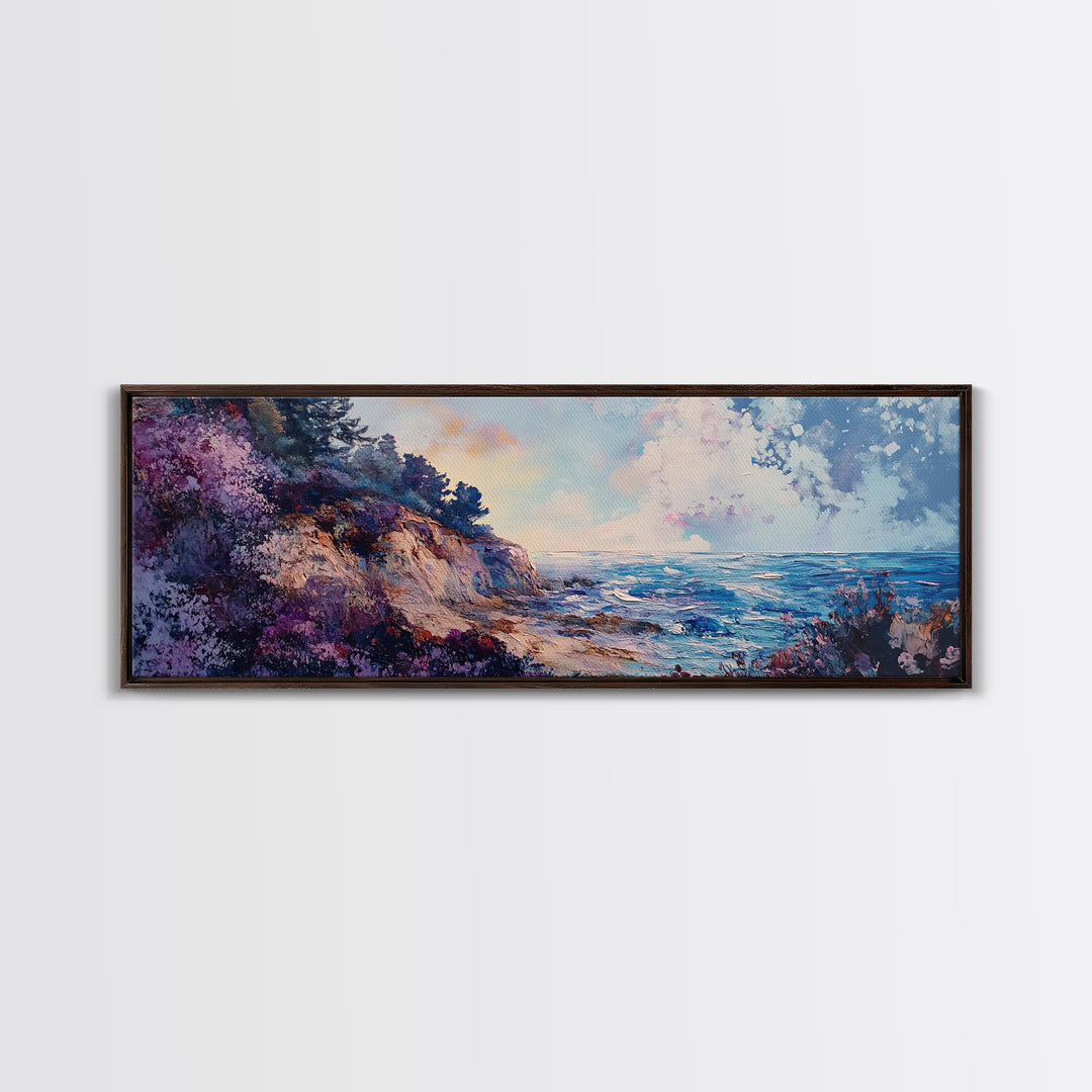 Rocky Shoreline Framed Canvas Print Vibrant Coastal Wall Art, Textured Ocean Scene, Sunset Beach Painting, Modern Boho Decor