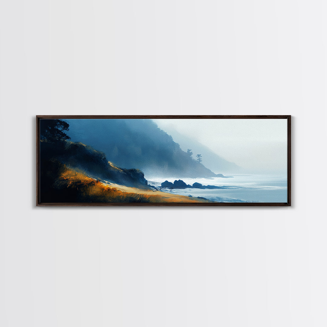 Dramatic Coastline Canvas Print Moody Seaside Painting, Stormy Ocean Landscape, Dark Blue Beach Wall Art, Living Room Decor