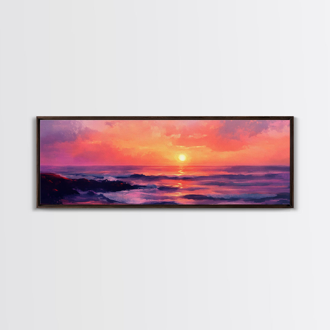 Ocean Sunset Framed Canvas Print, Pink Sky Seascape, Coastal Landscape Wall Art, Beach House Decor, Relaxing Home Aesthetic