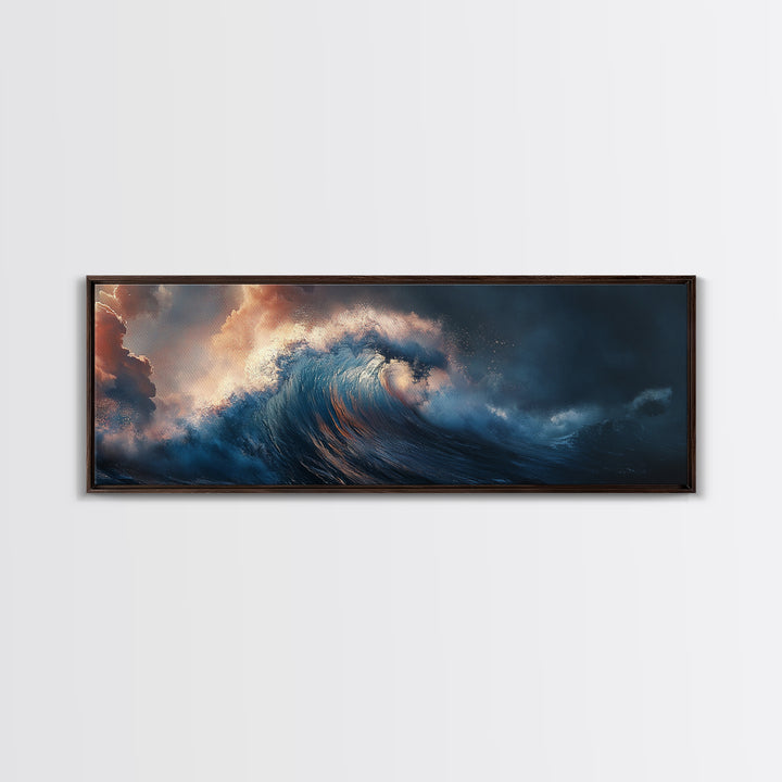 Dramatic Ocean Wave Framed Canvas Print Moody Seascape Wall Art, Deep Blue Stormy Sea Decor, Statement Living Room or Office Art
