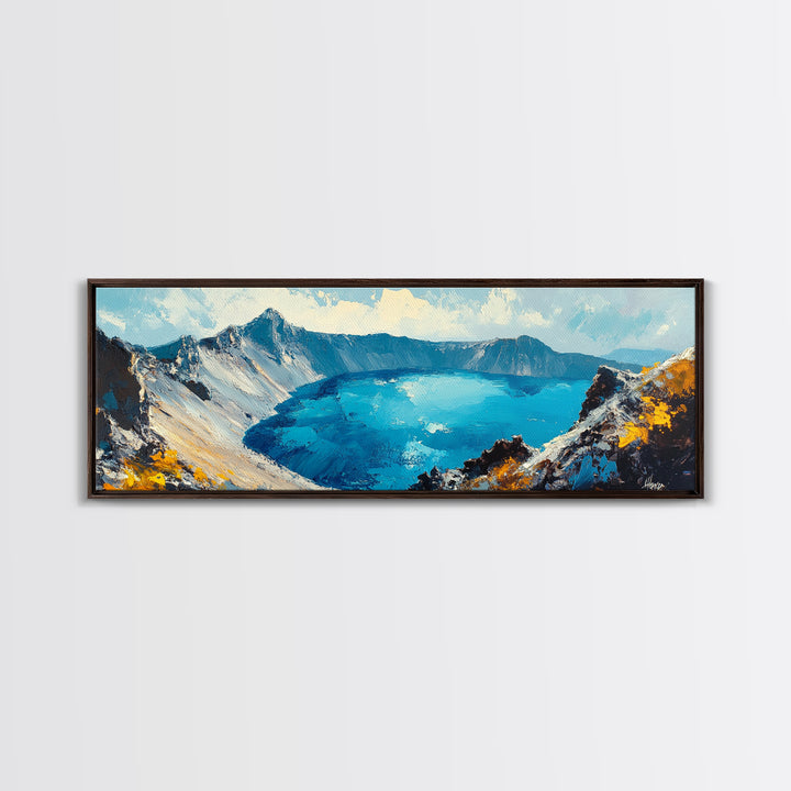 Crater Lake Landscape Framed Canvas Print Majestic Mountain Wall Art, Textured Impasto Painting, Nature Inspired Living Room Decor