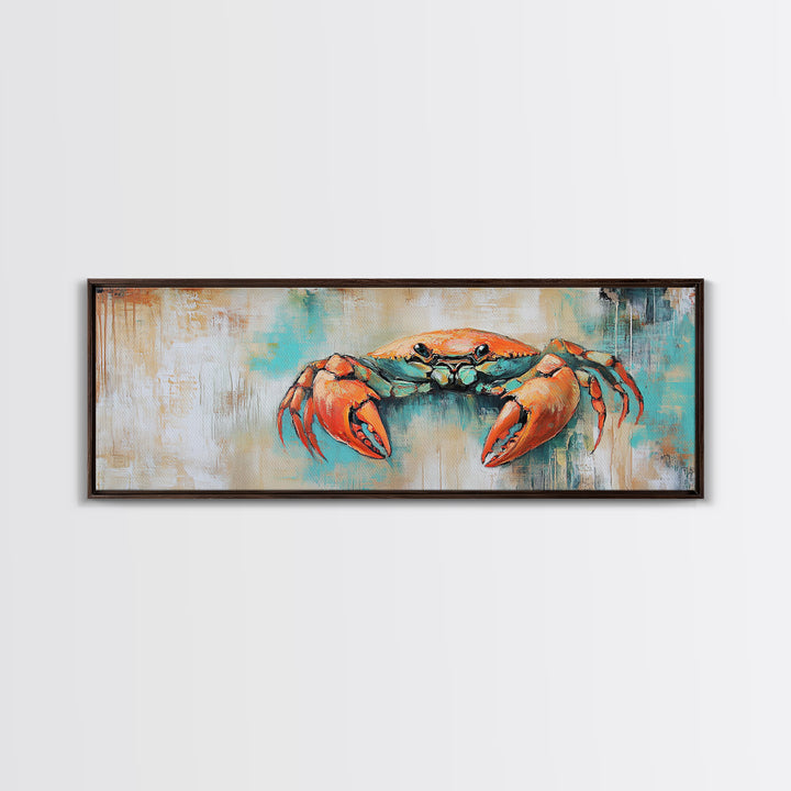 Rustic Crab Art Framed Canvas Print Coastal Nautical Wall Decor, Beach House Kitchen Art, Textured Ocean Painting, Living Room Accent