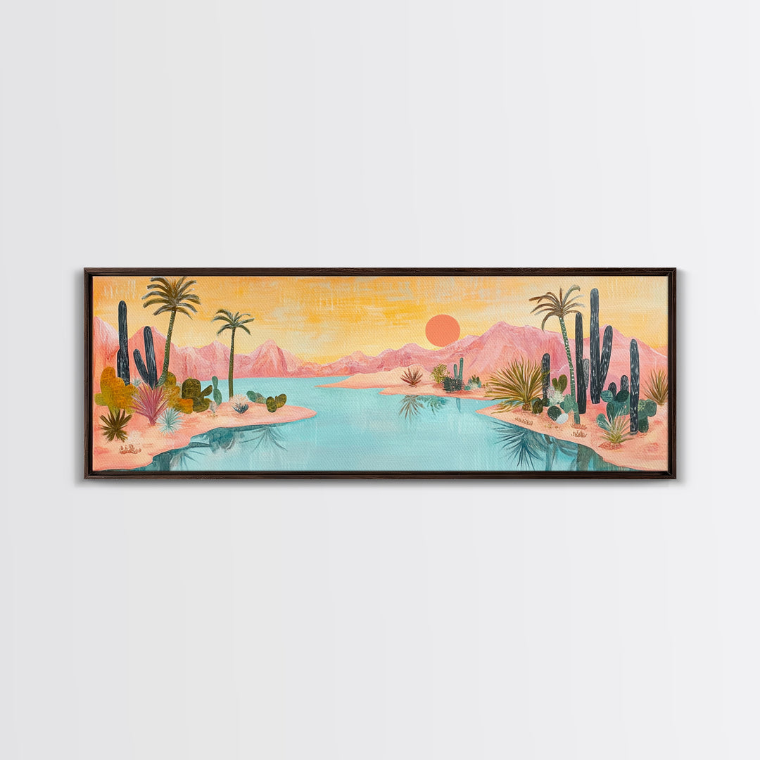 Desert Oasis Landscape Wall Art, Cactus and Palm Trees Painting, Boho Sunset Artwork, Southwest Home Decor, Warm Pink Art