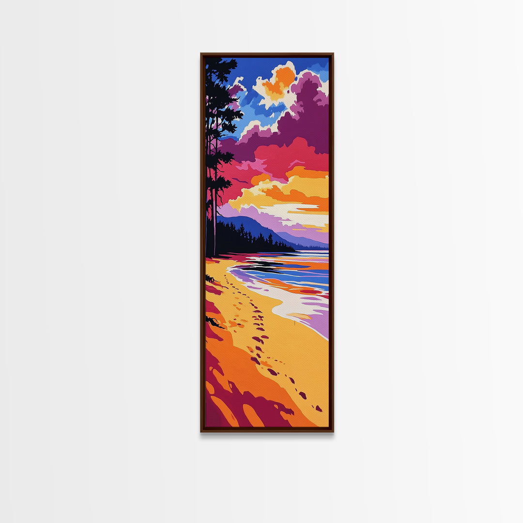 Ocean Shore, Sunset Beach, Serene Coastal Art, Footprints in Sand, Vibrant Seaside Print, Modern Beach House Decor, Framed Canvas Print