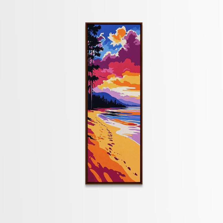 Ocean Shore, Sunset Beach, Serene Coastal Art, Footprints in Sand, Vibrant Seaside Print, Modern Beach House Decor, Framed Canvas Print
