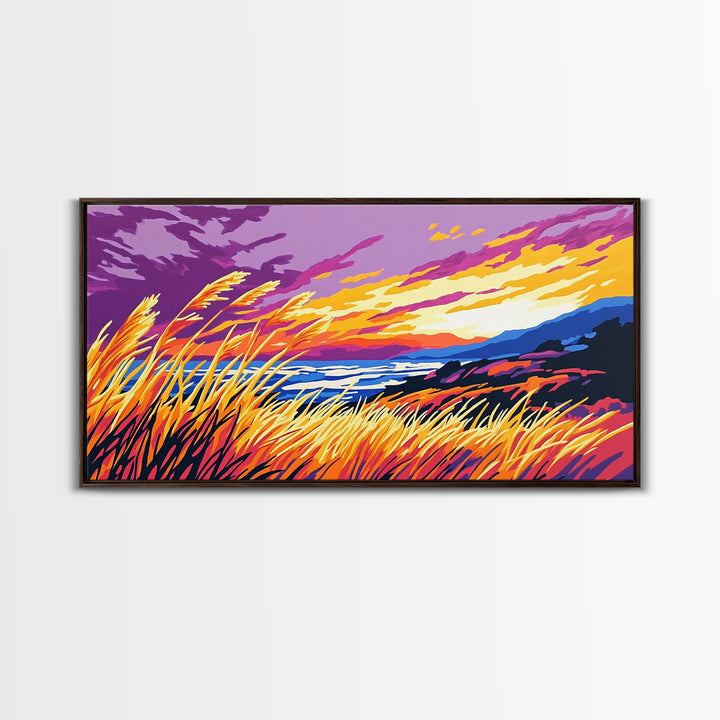 Ocean Sunset Grass, Framed Canvas Print, Coastal Wall Art, Vibrant Nature Painting, Boho Landscape, Beach House Decor, Living Room Art