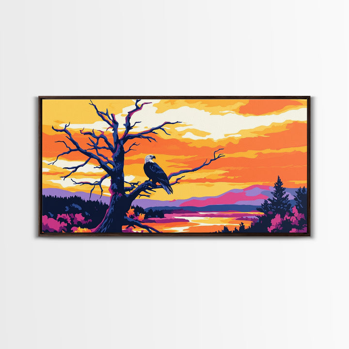 Bald Eagle Sunset, Canvas Print, Wildlife Wall Art, Vibrant Nature Painting, Rustic Decor, Patriotic Home Art, Office Wall Decor