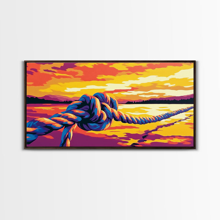Nautical Rope, Sunset Over Water, Canvas Print, Coastal Wall Art, Beach House Decor, Ocean View, Vibrant Summer Scene, Boho Style