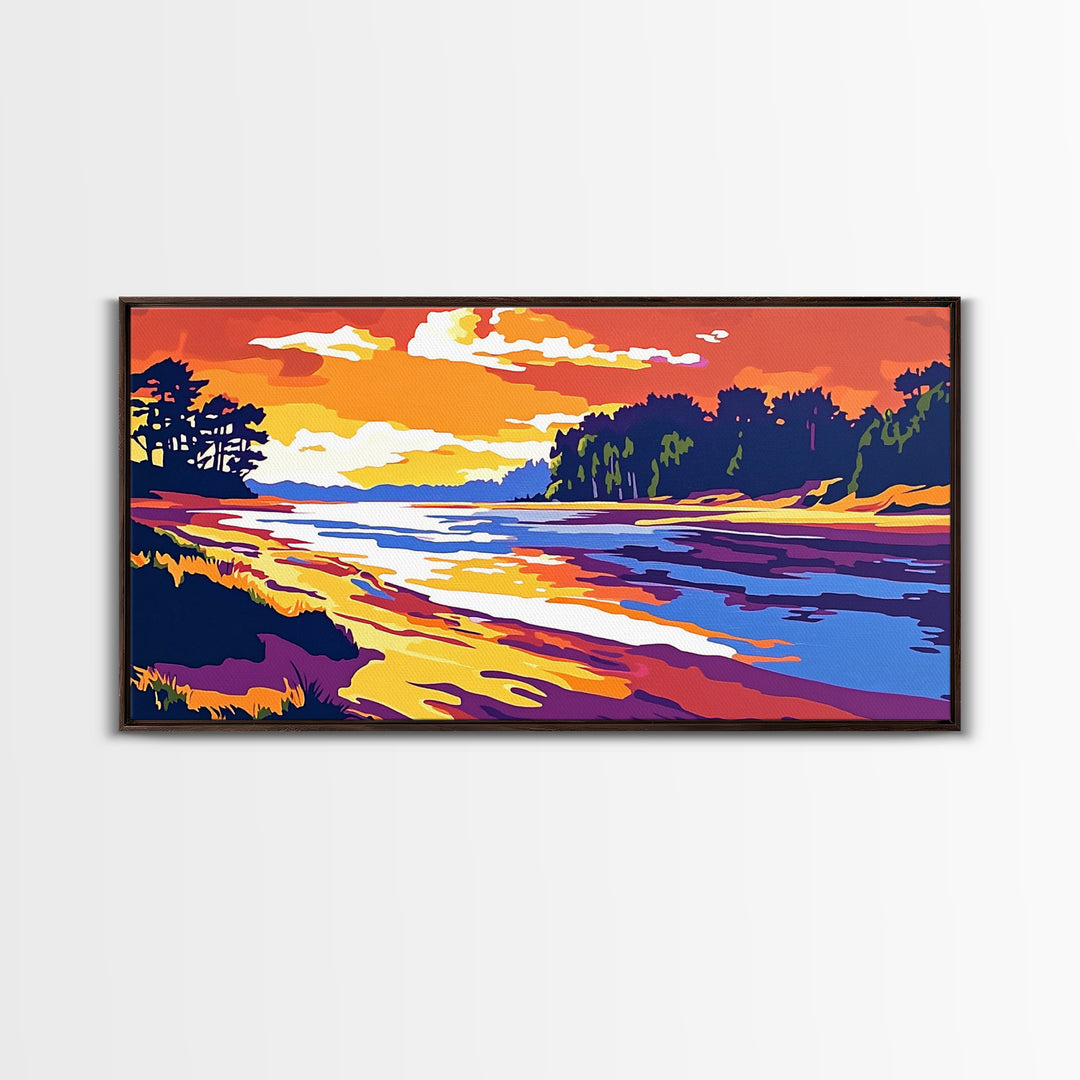 Ocean Shore, Sunset Glow, Coastal Serenity, Framed Canvas Print, Beach House Wall Art, Nautical Decor, Vibrant Seascape Painting