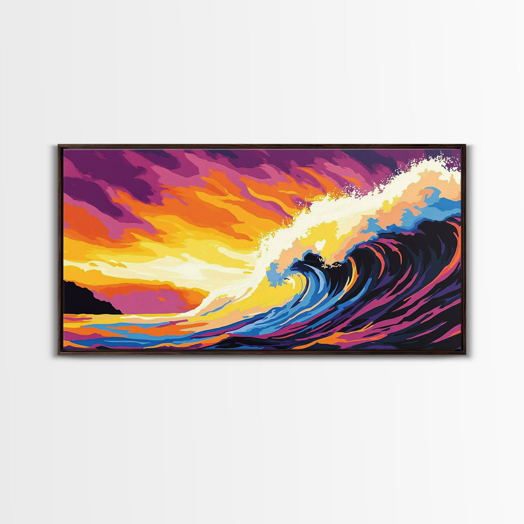 Ocean Wave, Sunset Horizon, Coastal Painting, Seascape Art, Framed Canvas Print, Beach House Wall Decor, Surfer Aesthetic Home Art