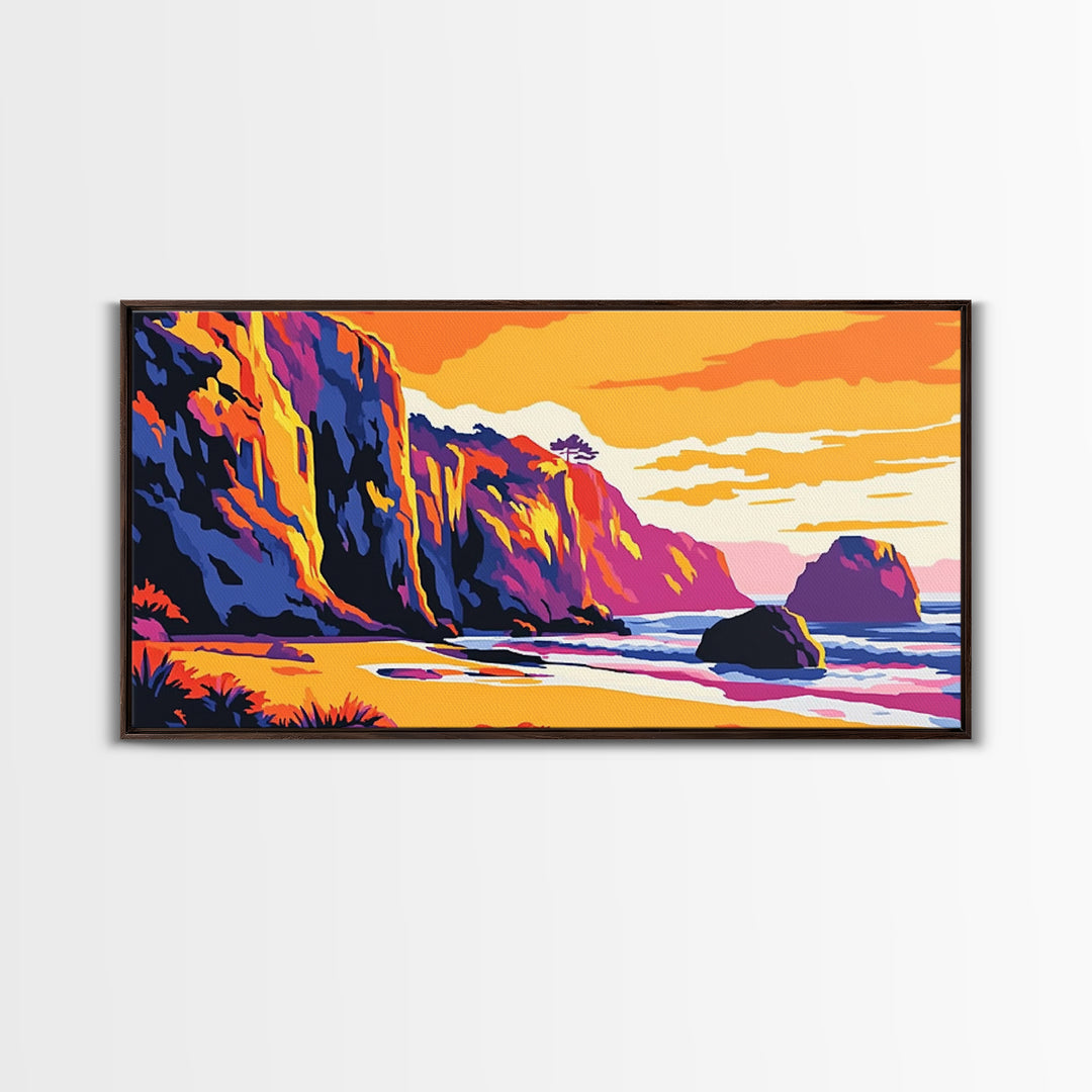 Ocean Cliffs, Coastal Sunset Art, Vibrant Seascape Painting, Beach Wall Decor, Framed Canvas Print, Nautical Home Design, Office Art