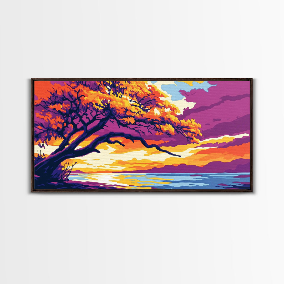Majestic Tree, Lakeside Sunset, Vibrant Nature Art, Canvas Print, Modern Boho Decor, Living Room Wall Art, Autumn Landscape Painting