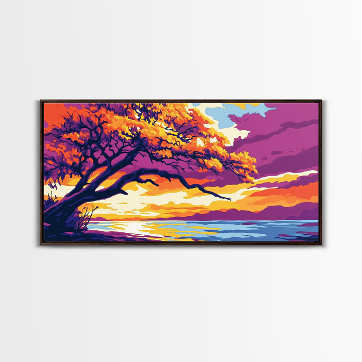 Majestic Tree, Lakeside Sunset, Vibrant Nature Art, Canvas Print, Modern Boho Decor, Living Room Wall Art, Autumn Landscape Painting