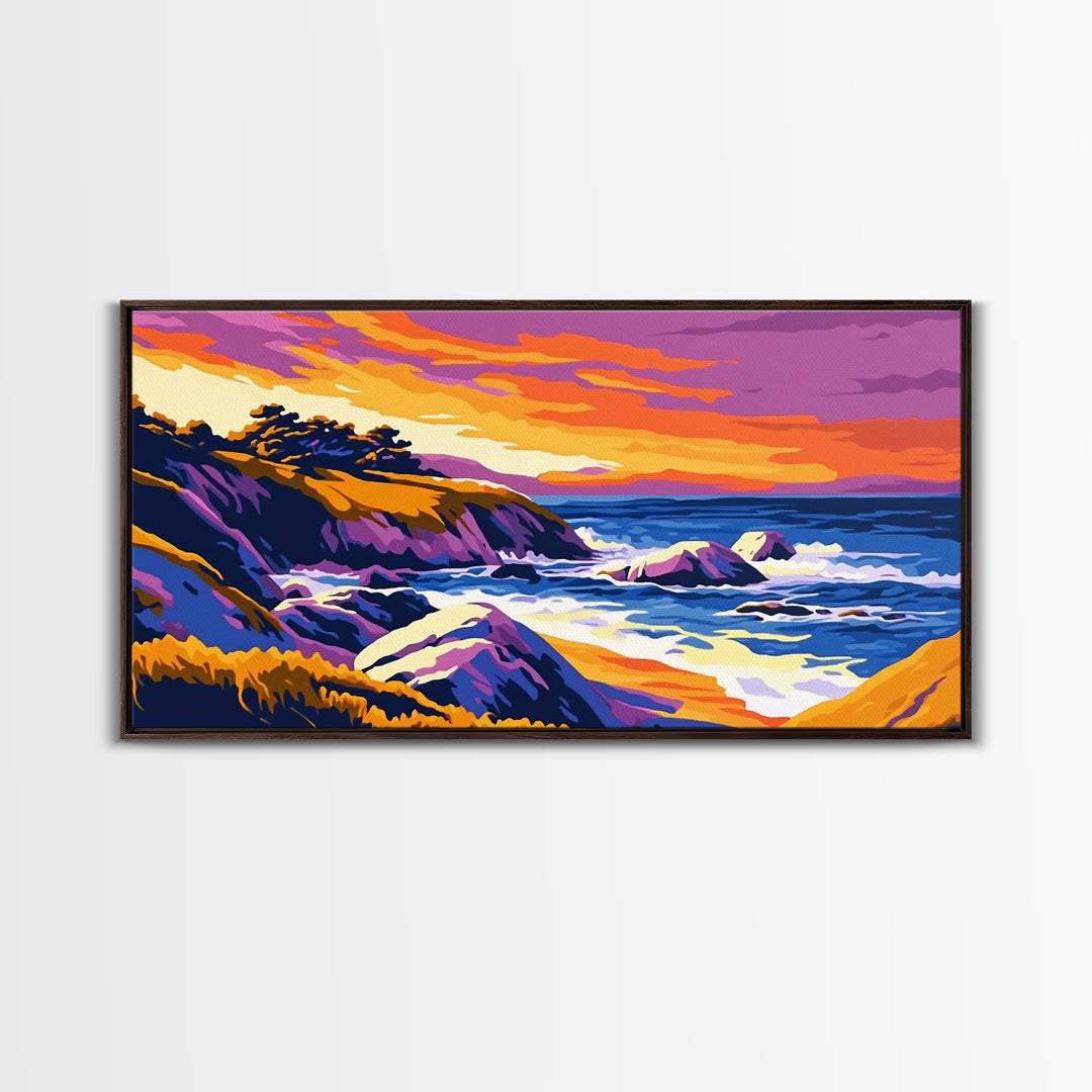Ocean Sunset, Rolling Waves, Coastal Painting, Colorful Seascape, Nautical Wall Art, Beach House, Bedroom, Framed Canvas Print
