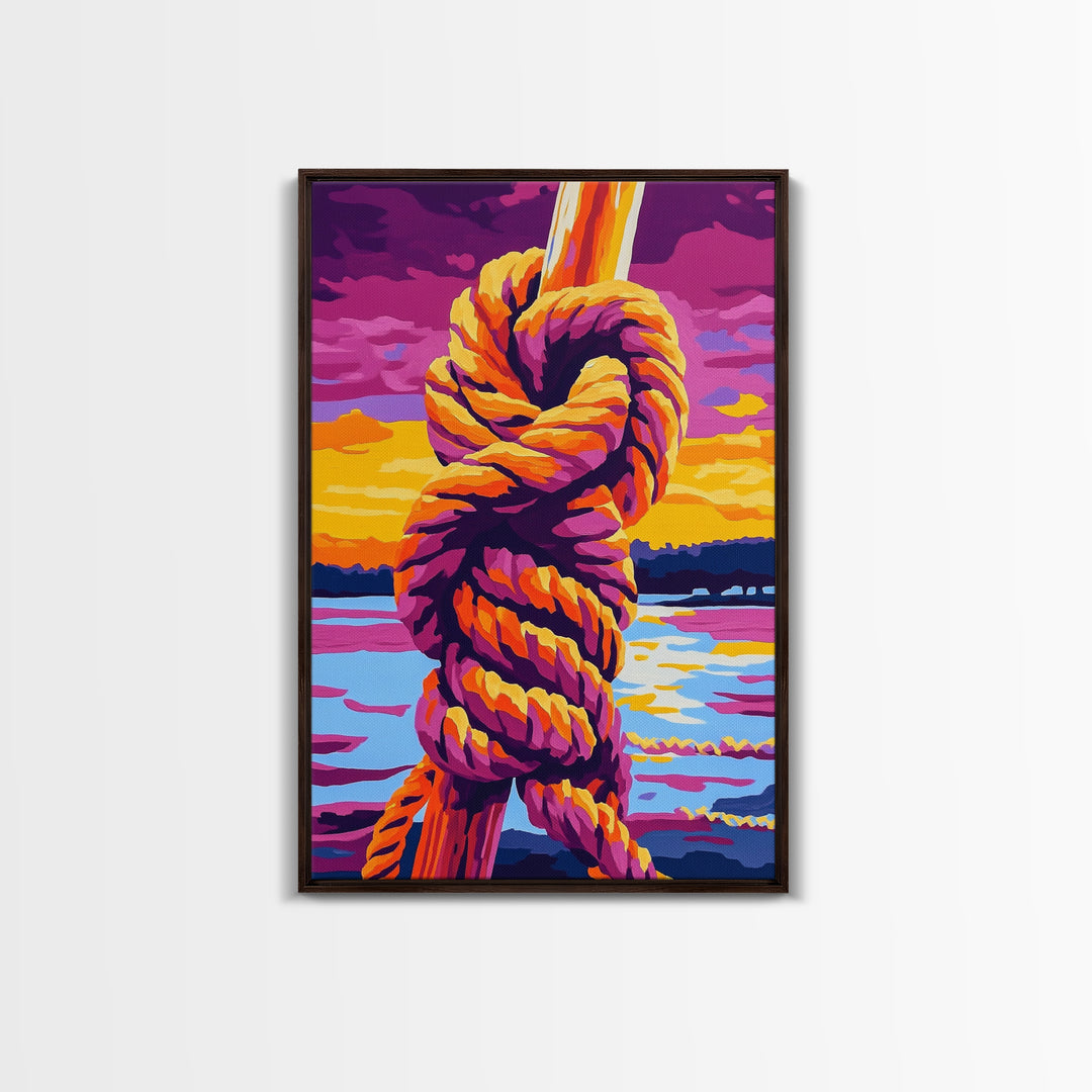 Nautical Knot, Coastal Wall Art, Sunset Over Water, Rustic Rope Art, Framed Canvas Print, Lake House Decor, Nautical Home Accent