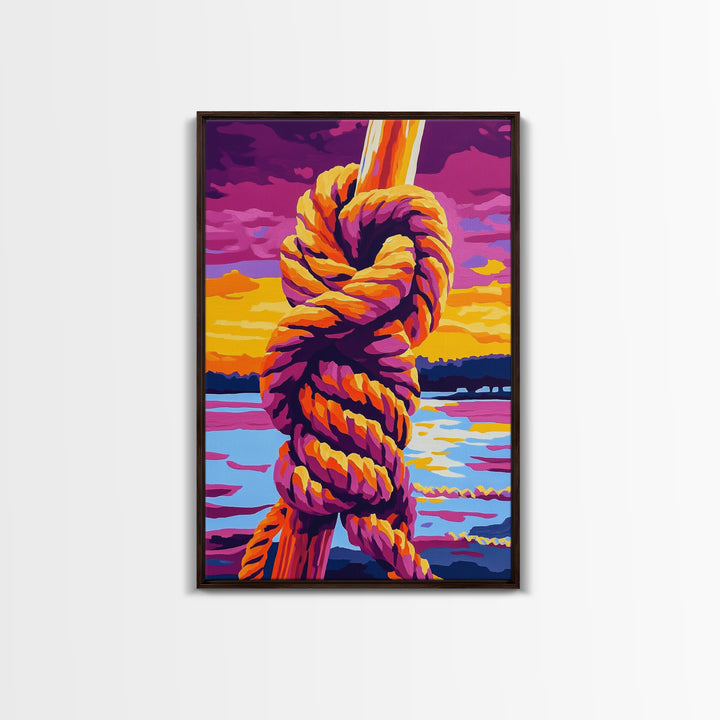 Nautical Knot, Coastal Wall Art, Sunset Over Water, Rustic Rope Art, Framed Canvas Print, Lake House Decor, Nautical Home Accent