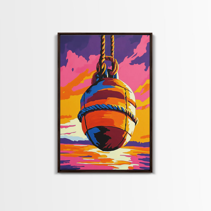 Nautical Buoy, Ocean Sunset, Coastal Art, Framed Canvas Print, Beach Wall Art, Vibrant Home Decor, Seaside Painting, Boat House Artwork