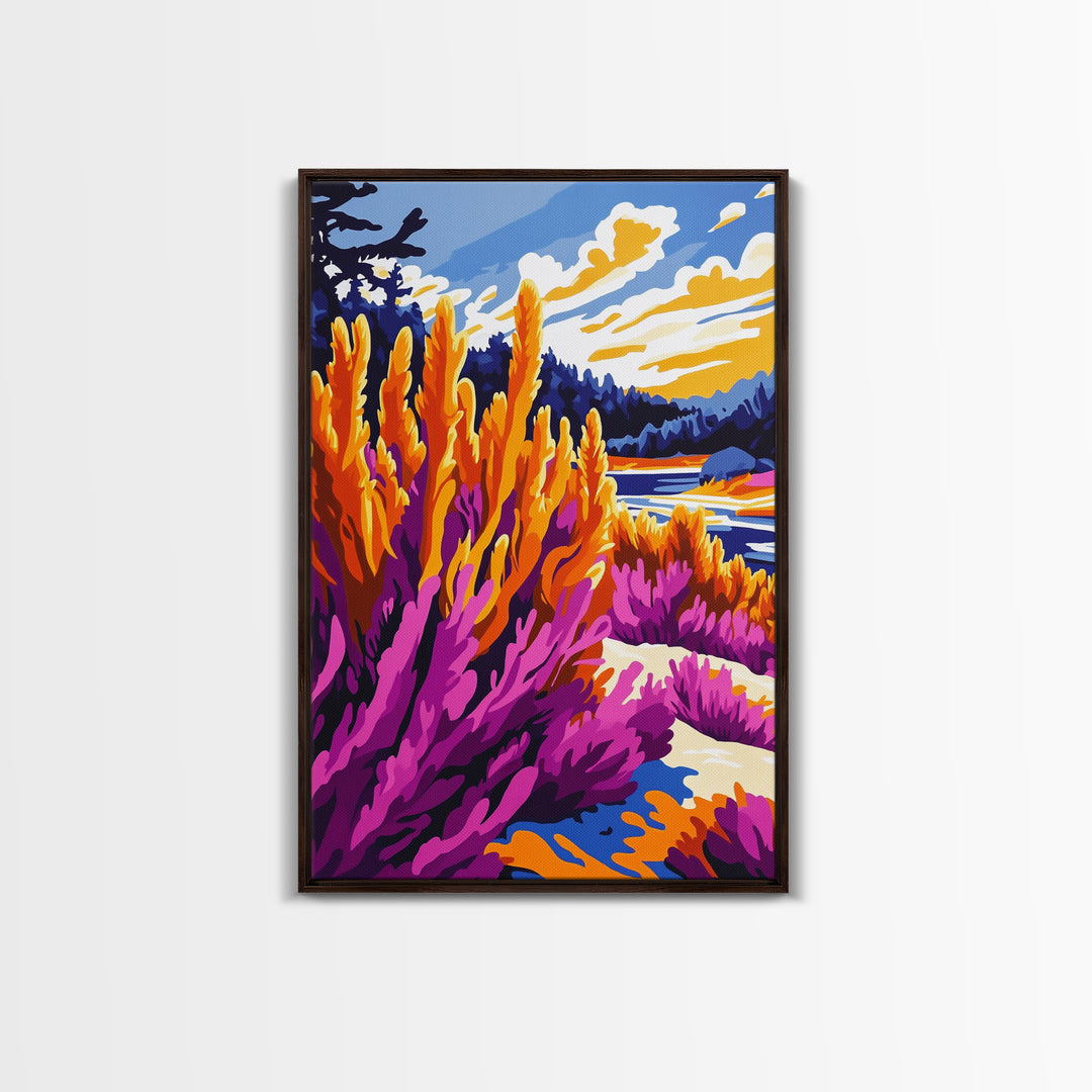Mountain Wildflower Art, Scenic Landscape Print, Vibrant Nature Painting, Rustic Outdoor Decor, Framed Canvas Print, Boho Cabin Wall Art