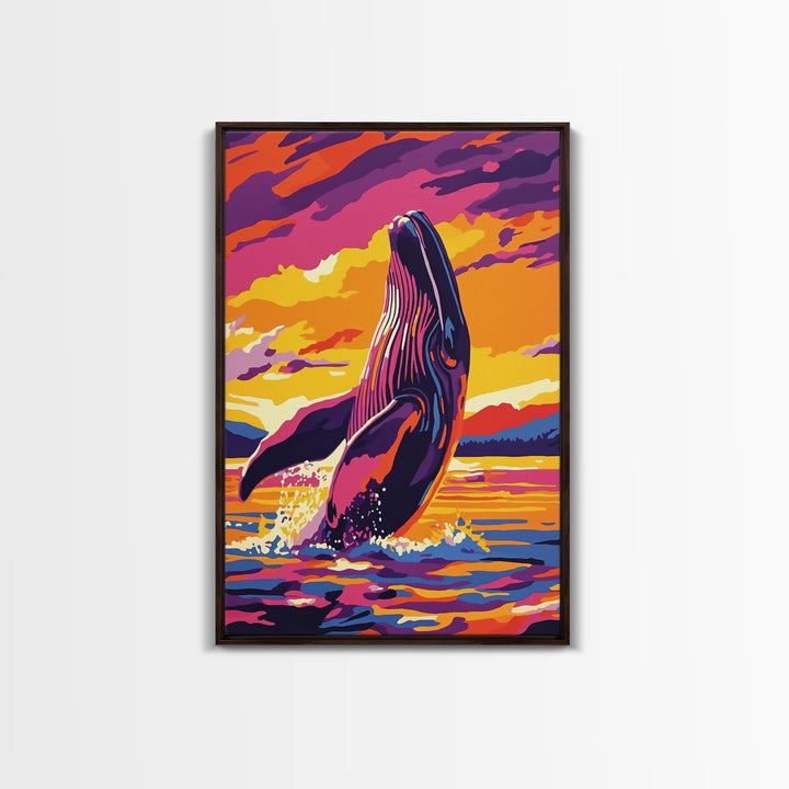 Breaching Whale, Ocean Wildlife Art, Nautical Home Decor, Coastal Sunset Art, Framed Canvas Print, Living Room Wall Art, Marine Painting