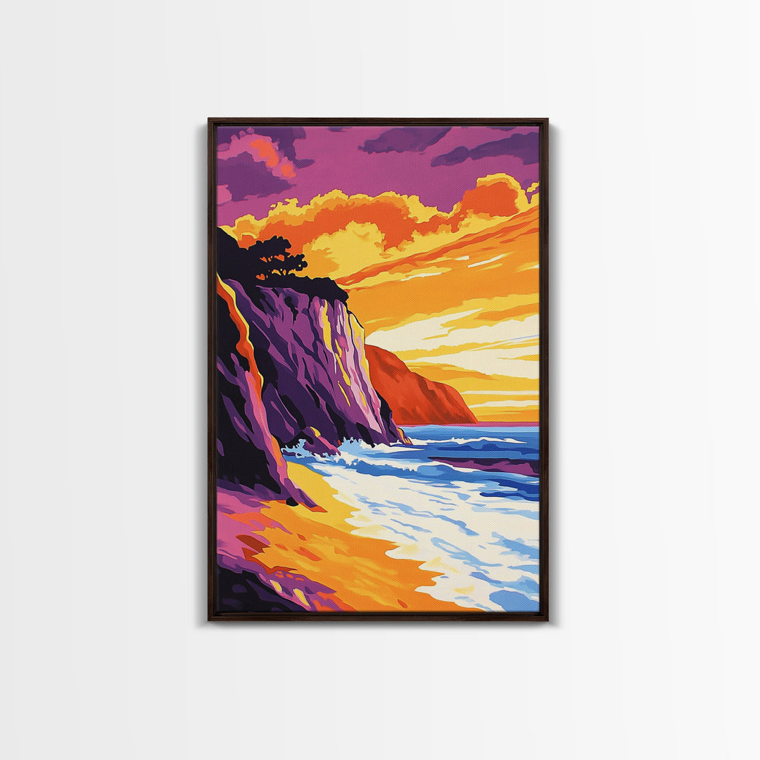 Ocean Wave, Sunset Splash, Surf Art, Framed Canvas Print, Coastal Wall Art, Nautical Home Decor, Tropical Landscape Painting
