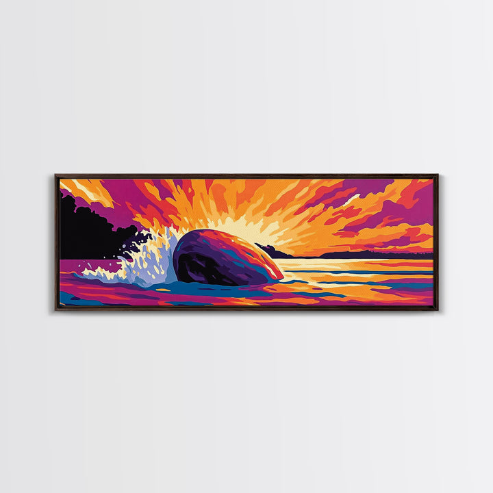 Ocean Splash, Vibrant Sunset, Coastal Energy, Bold Colors, Framed Canvas Print, Nautical Wall Art, Living Room Art, Dynamic Seascape