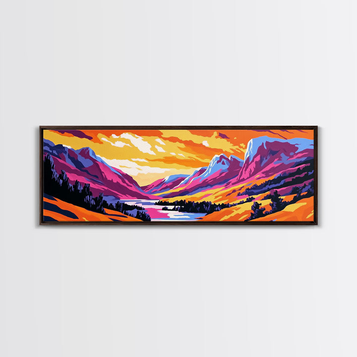 Sunset Valley, Majestic Peaks, Vibrant Nature, Framed Canvas Print, Outdoor Wall Art, Bohemian Landscape, Living Room Decor, Wanderlust