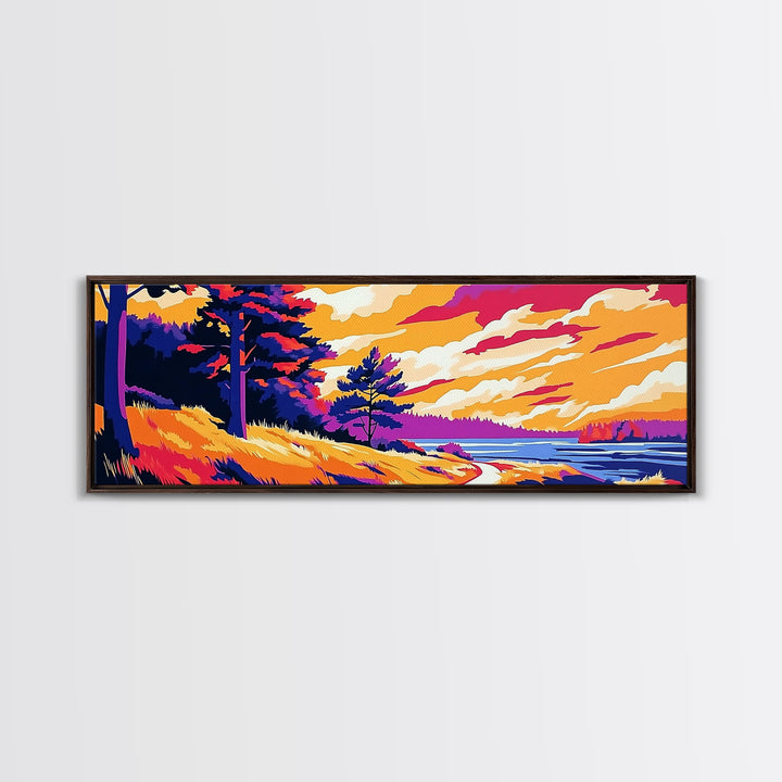 Pine Forest, Riverbank Glow, Scenic Sunset, Canvas Print, Rustic Nature Wall Art, Cabin Decor, Living Room Artwork, Tranquil Retreat