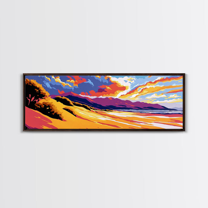 Golden Dunes, Mountain Backdrop, Vibrant Sunset, Framed Canvas Print, Boho Earthy Art, Modern Living Room Decor, Southwest Aesthetic
