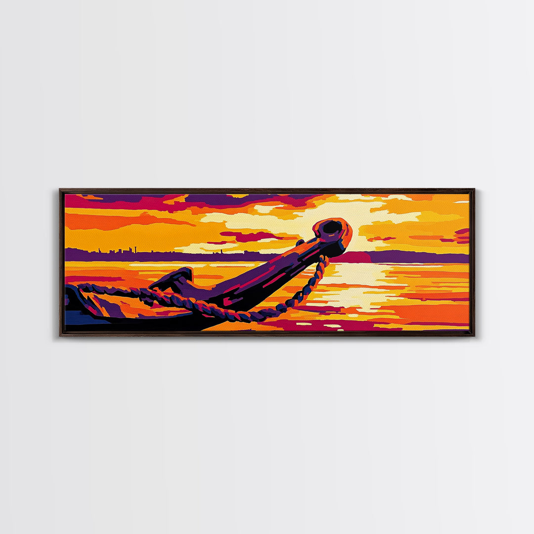Nautical Anchor, Golden Sunset, Ocean View, Canvas Print, Coastal Home Decor, Vibrant Seascape, Beach Wall Art, Bold Nautical Art