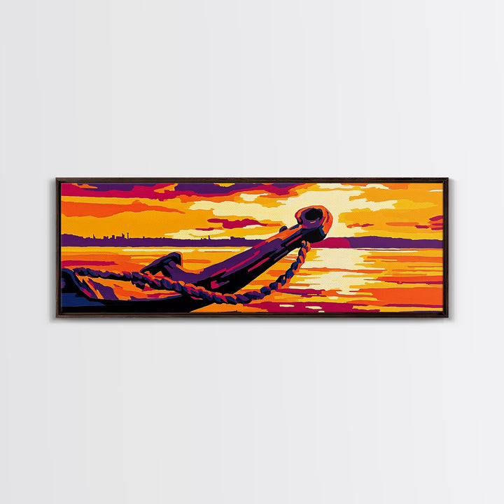 Nautical Anchor, Golden Sunset, Ocean View, Canvas Print, Coastal Home Decor, Vibrant Seascape, Beach Wall Art, Bold Nautical Art