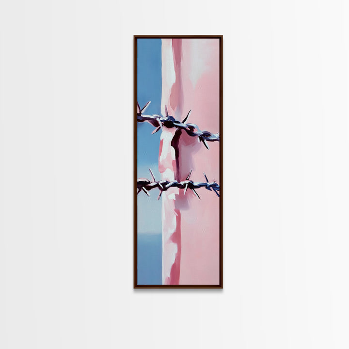 Barbed Wire Closeup, Modern Western, Pink and Blue Art, Framed Canvas Print, Minimalist Wall Art, Rustic Decor, Entryway Wall Art