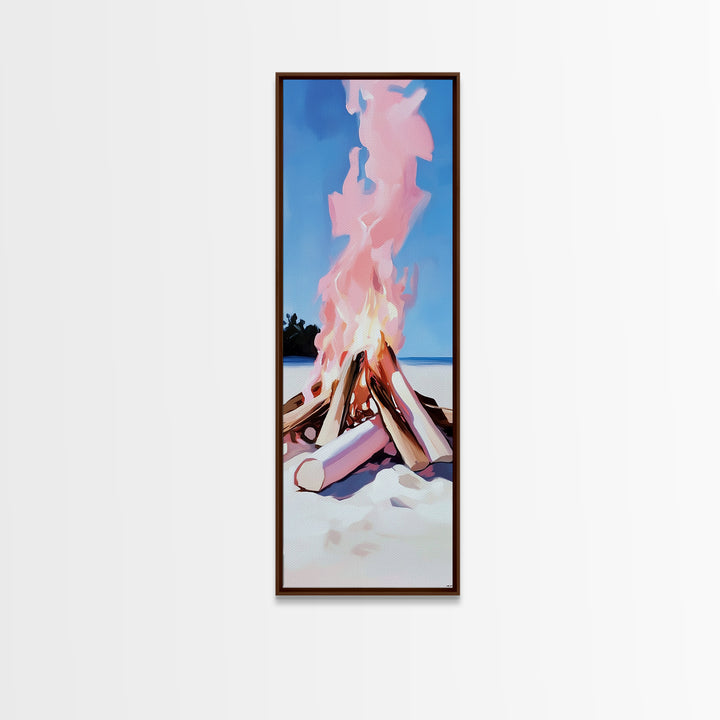 Bonfire Glow, Beach Campfire, Pink Flame Art, Framed Canvas Print, Coastal Decor, Warm Aesthetic, Living Room or Bedroom Wall Art