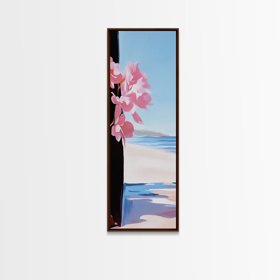 Blossom Beach, Floral Coastal Art, Pink and Blue Decor, Modern Seascape, Romantic Spring Aesthetic, Dreamy Nature Scene, Canvas Print