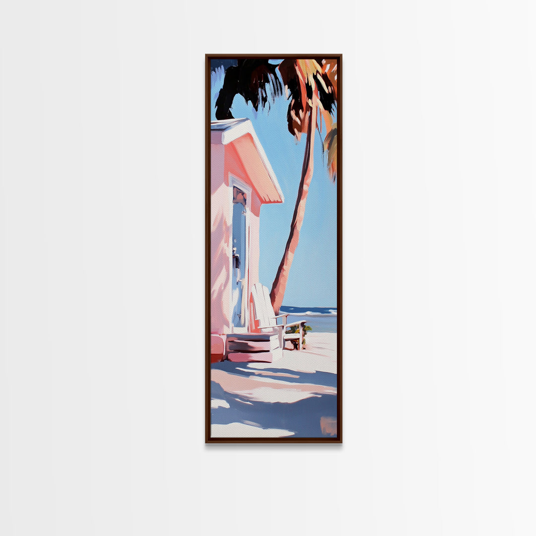 Pink Beach House, Coastal Retreat, Palm Tree Art, Framed Canvas Print, Tropical Decor, Modern Minimalist, Vacation Vibes, Wall Art