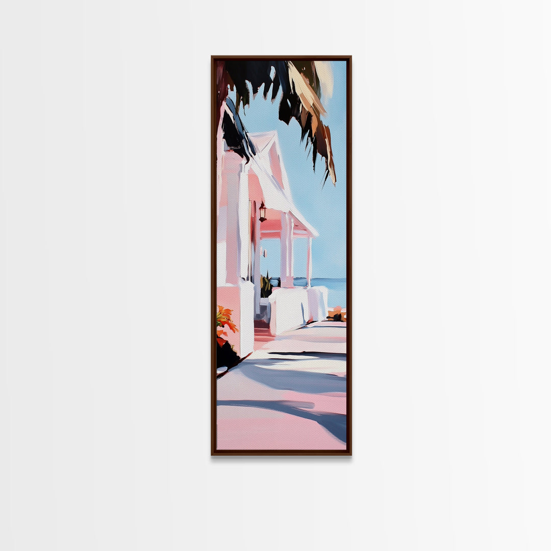 Beach House, Oceanfront Living, Coastal Home, Framed Canvas Print, Tropical Wall Art, Soft Pastel Aesthetic, Living Room Wall Art