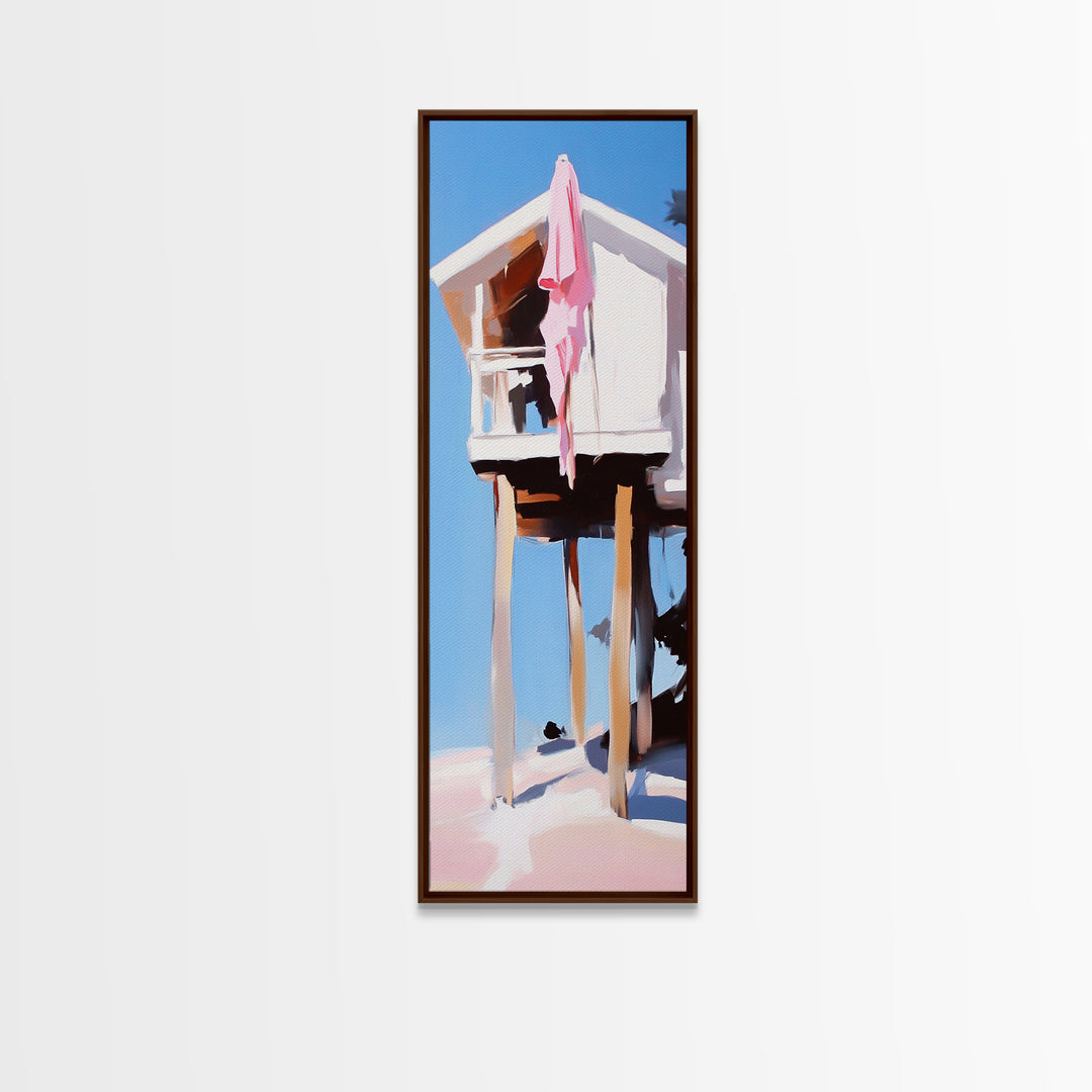 Beach Hut, Coastal Home, Seaside Escape, Nautical Decor, Ocean View, Warm Pastels, Beach House Art, Framed Canvas Print