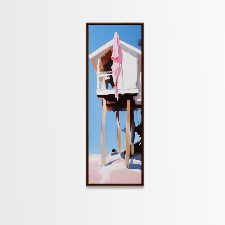 Beach Hut, Coastal Home, Seaside Escape, Nautical Decor, Ocean View, Warm Pastels, Beach House Art, Framed Canvas Print