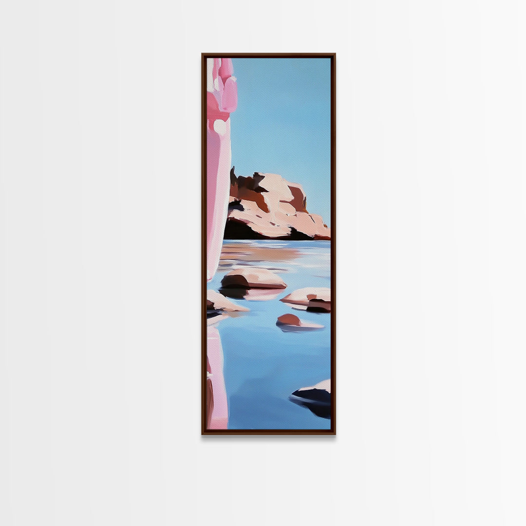 Rocky Shore, Lake Scene, Tranquil Nature Painting, Framed Canvas Print, Serene Water Reflection, Earthy Coastal Art, Living Room Decor