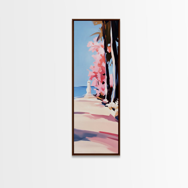 Coastal Walk, Pink Blossom, Vibrant Tree Art, Canvas Print, Beach Pathway, Spring Landscape, Serene Wall Art, Living Room Decor