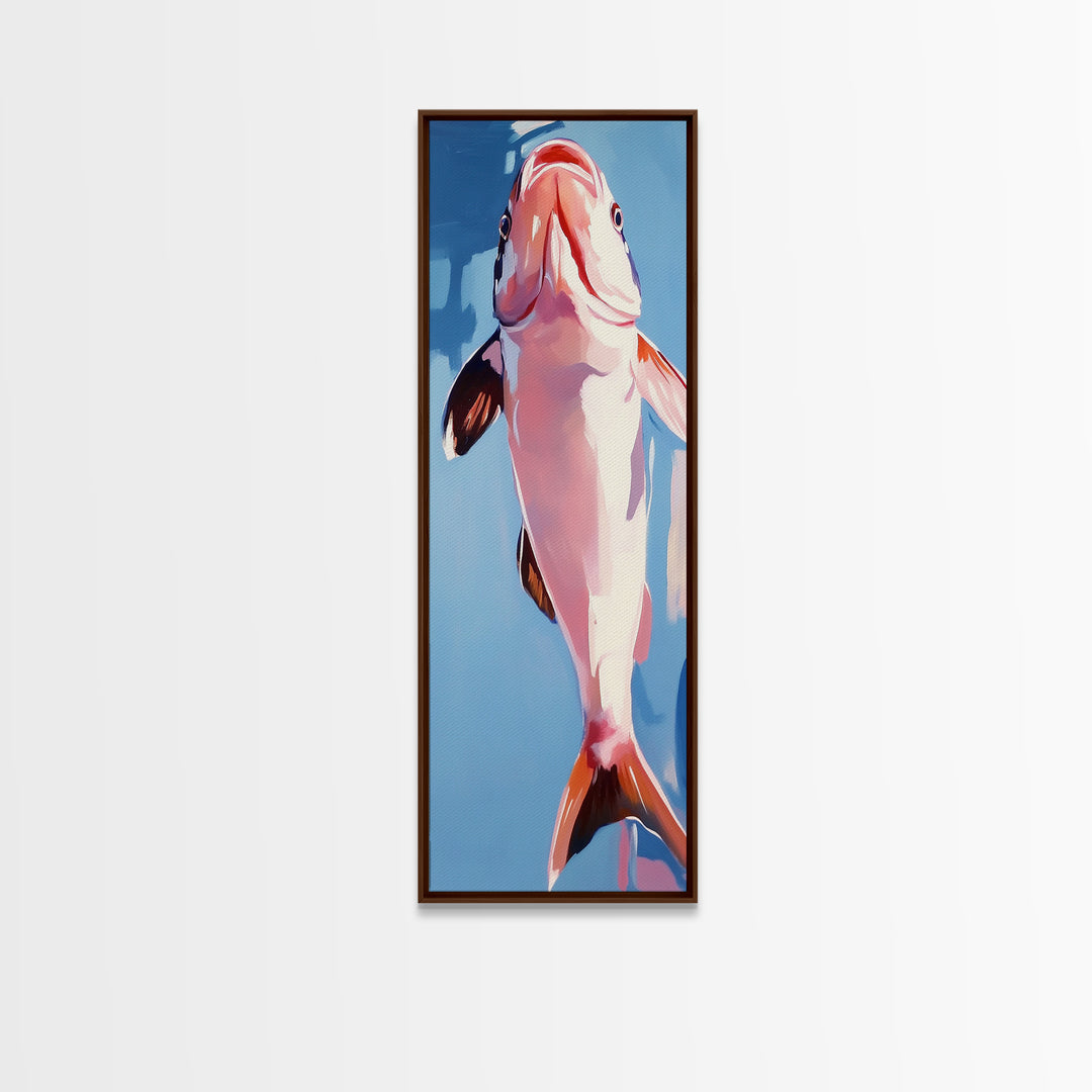 Abstract Fish, Coastal Art, Ocean Life Painting, Framed Canvas Print, Minimalist Marine Decor, Blue and Pink Aesthetic, Beach House Art