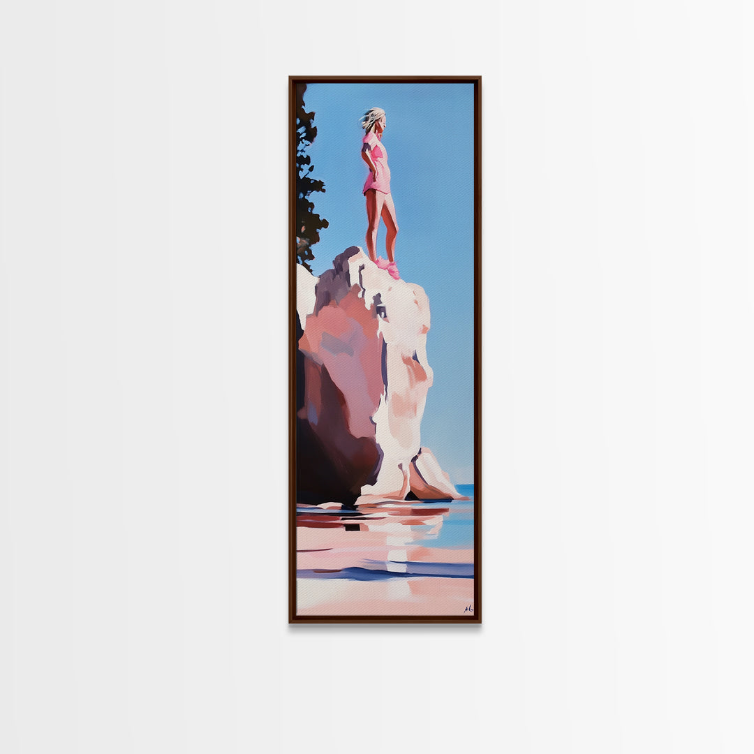 Coastal Adventure, Pink and Blue Art, Minimalist Beach Scene, Modern Landscape, Travel Inspiration, Contemporary Framed Canvas Print